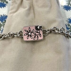 Sterling Silver Link Bracelet with Center Made From Piece of Old China Plate